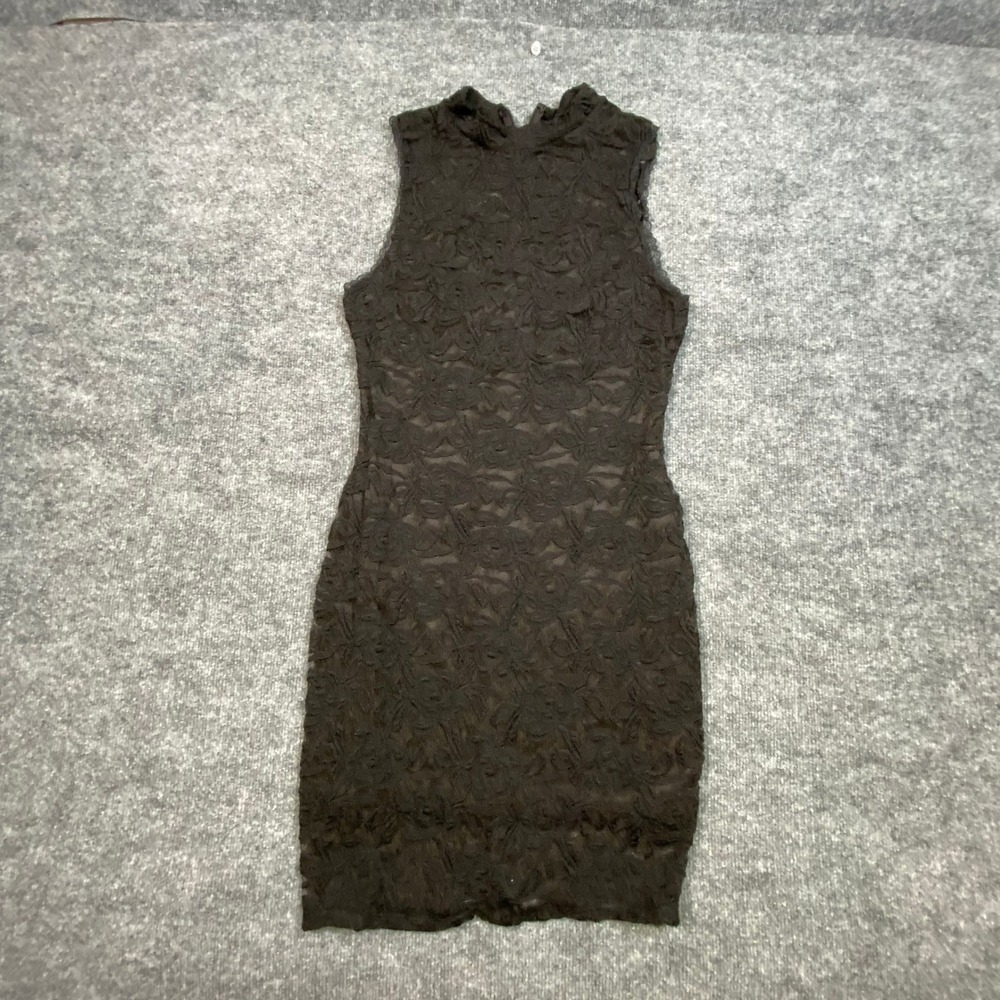 Soprano Womens Black Floral Lace Mock Neck Sleeveless Bodycon Mini Dress Large